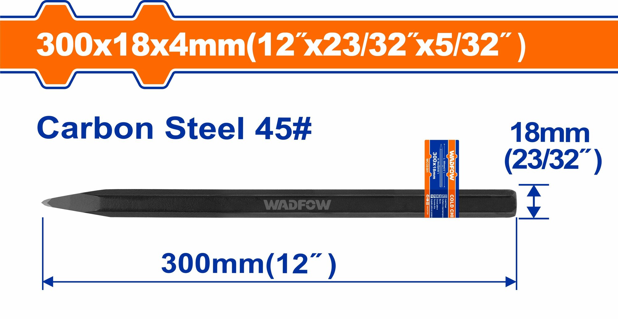 Скарпель "WADFOW" 18 х 300 х 4мм. Материал: углеродистая сталь 45#