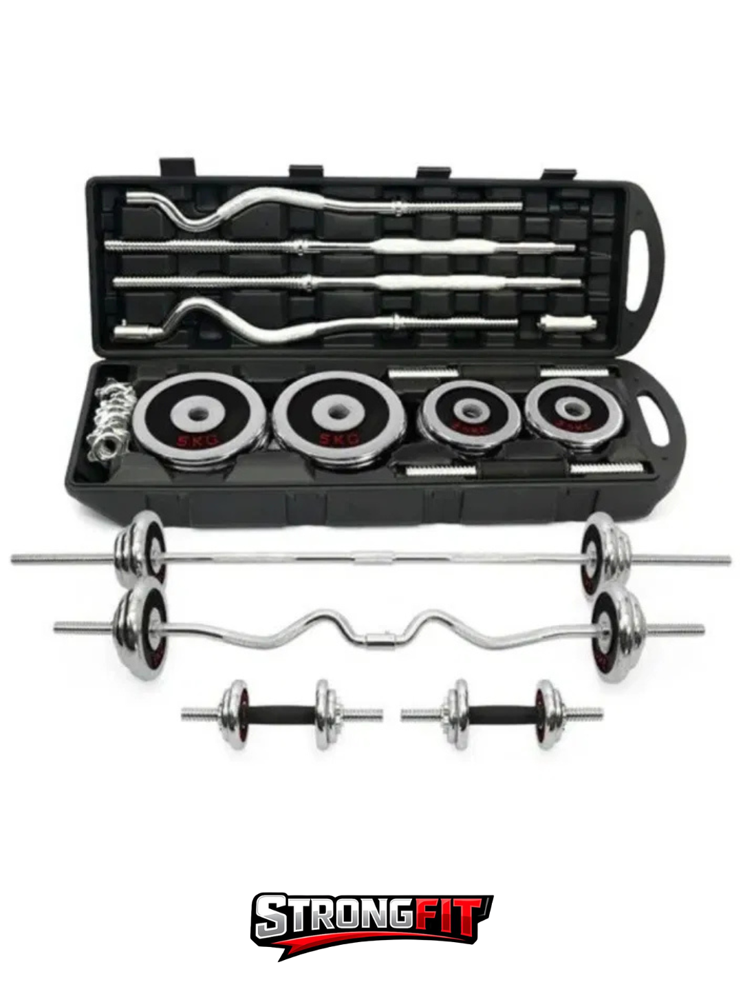 Набор гантелей с ZIG-ZAG (EZ) штангой 55 кг в кейсе для дома — фото 1