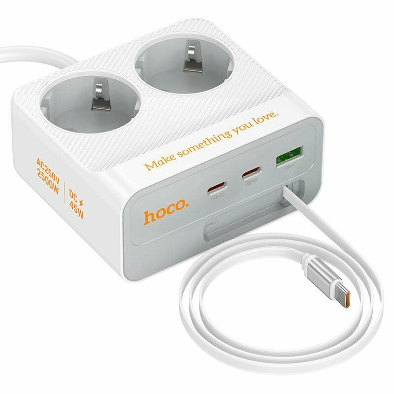 Сетевой удлинитель Hoco AC28 Descanso 2500W, 2 розетки EU/GER, USB-A + 3×Type-C PD 45W, кабель 2 м — фото 1