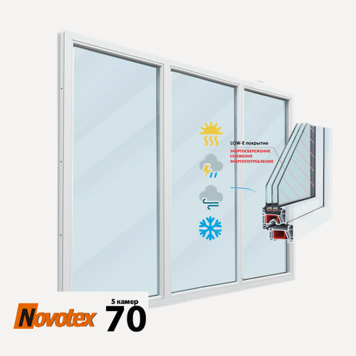 Изображение товара Пластиковое окно трехстворчатое 70 мм 5 камер 3 стекла (в.1600 / ш.2150 / глухое)