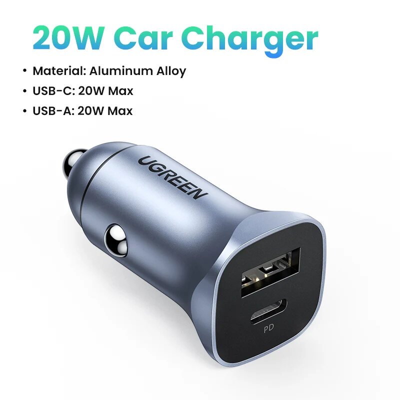 Автомобильное зарядное устройство UGREEN PD20W, быстрая зарядка 4,0 3,0 QC, USB зарядное устройство для Xiaomi QC4.0 3,0 Тип C PD 20 Вт, автомобильная зарядка для iPhone 13 12 11, 20W Car Charger