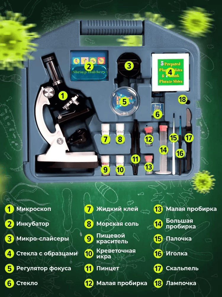 Микроскоп с подсветкой, школьный, с набором для опытов в кейсе — фото 1