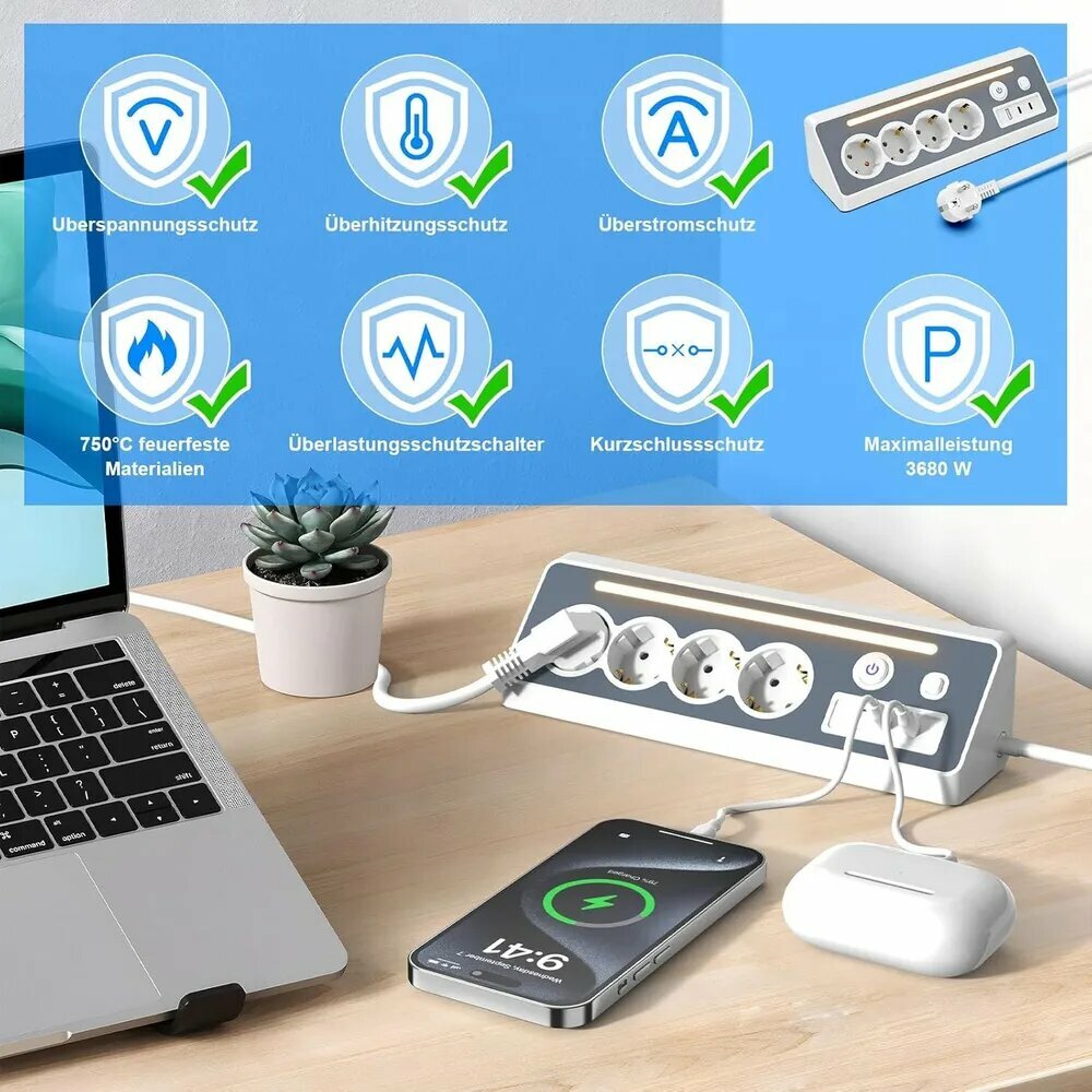 Несколько розеток, 4 отделения удлинитель с 2 Type-C 1 USB и светодиодный ночник 1.5M защита от перенапряжения угловая розетка 3680W 16A для мебели столешницы кухня — фото 1
