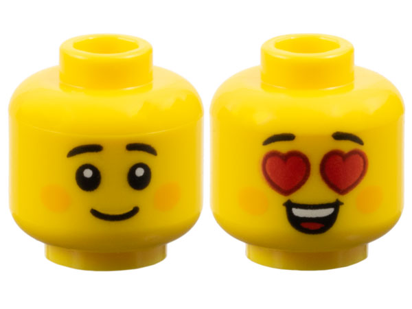 Minifigure, Head Dual Sided Child Black Small Eyebrows, Bright Light Orange Circles on Cheeks, Grin / Red Heart Eyes and Open Mouth Smile with Top Teeth and Tongue Pattern, 3626pb3771 Yellow N