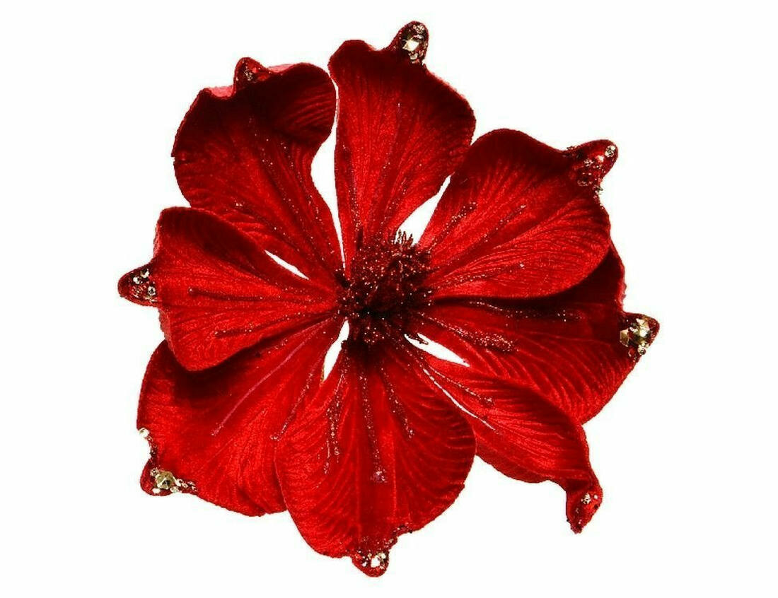 Пуансеттия на клипсе, вельветовая, красная, 25 см, Kaemingk