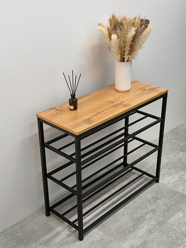 Изображение товара Обувница для прихожей "Мэйли" 3 полки / 101х30х66см / черный каркас - ЛДСП дуб вотан