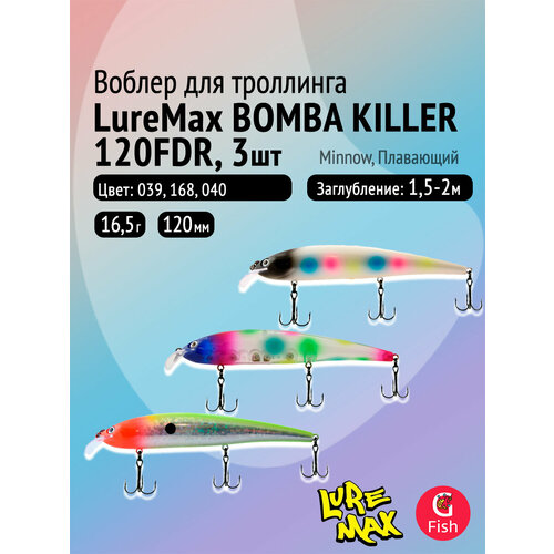 Комплект воблеров для троллинга (судак): 3 штуки LureMax BOMBA KILLER ТОП, 120FDR 16,5г. цвета 039, 168, 040