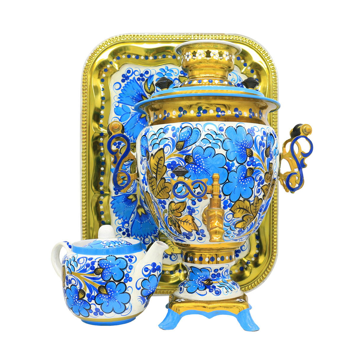 Самовар электрический 3 литра Цветы голубые в наборе (28671)