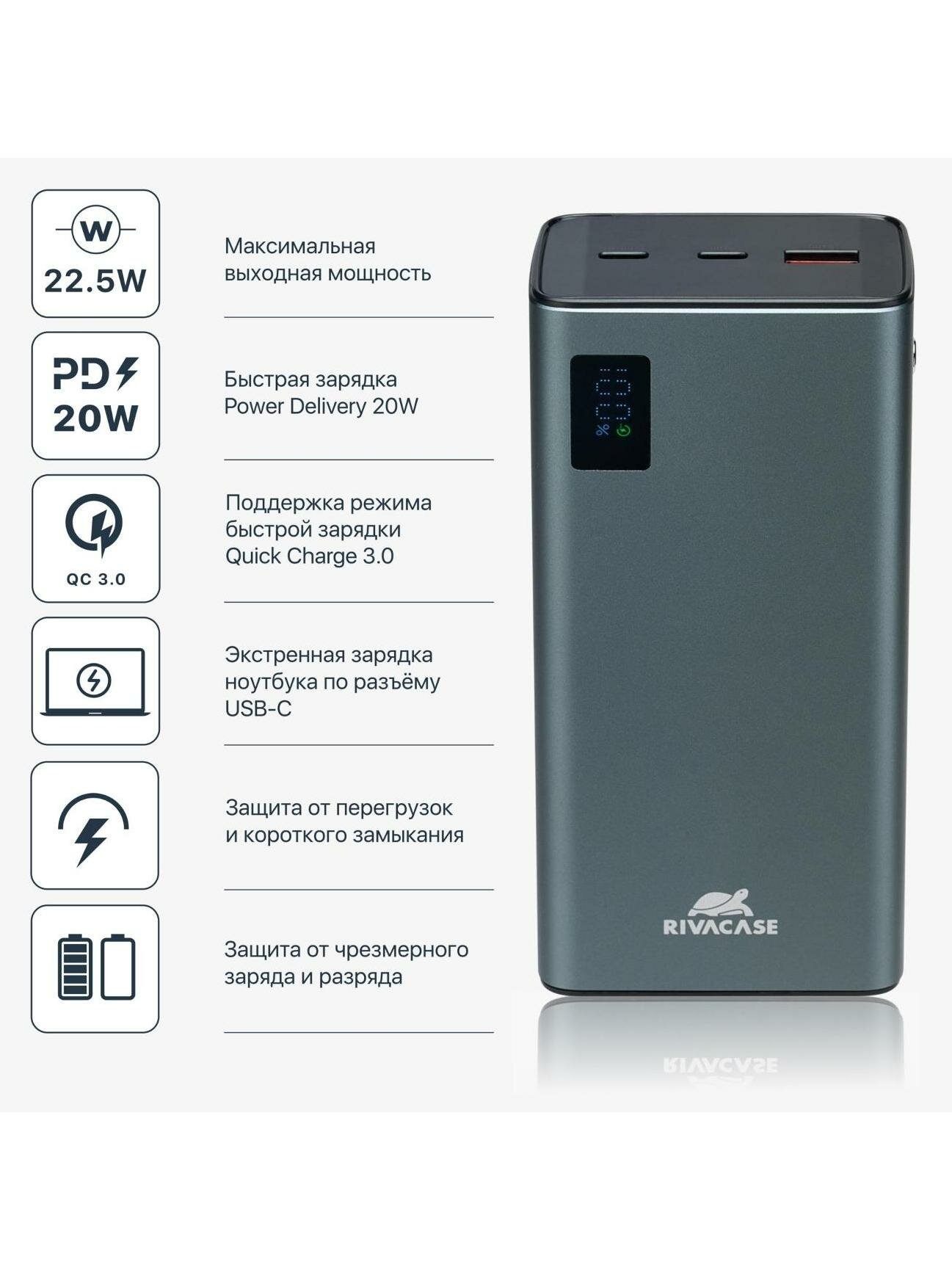 Внешний аккумулятор RIVACASE VA1023 30000 mAh RUS QC/PD металлический — фото 1