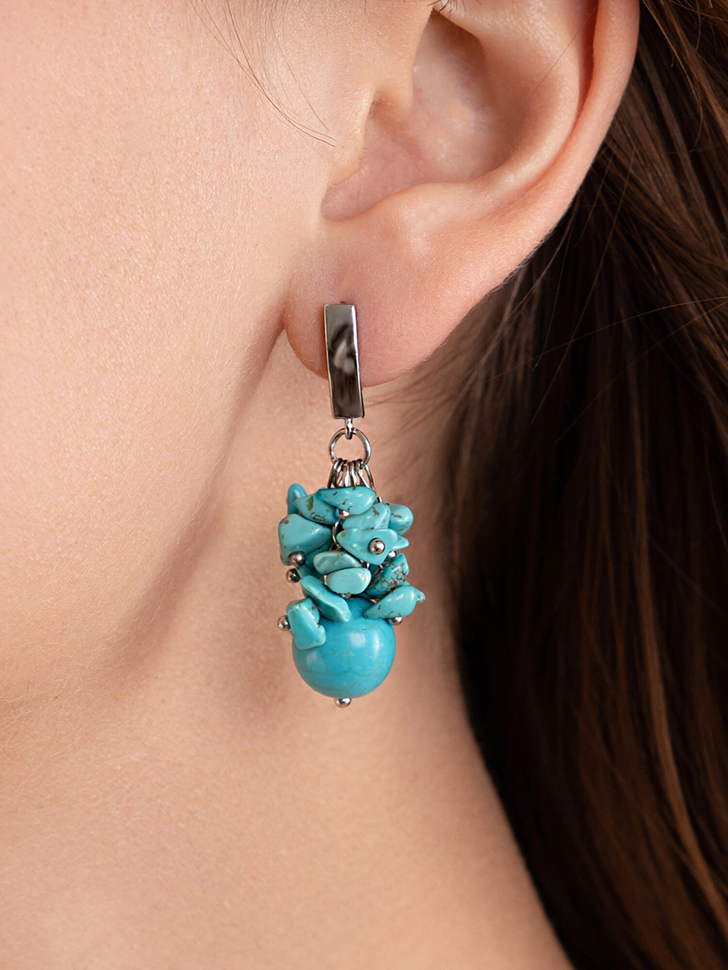 Серьги двусторонние  с подвесками Koshika  кварц  содалит  говлит  аметист  размер 12 мм  серебряный  бирюзовый