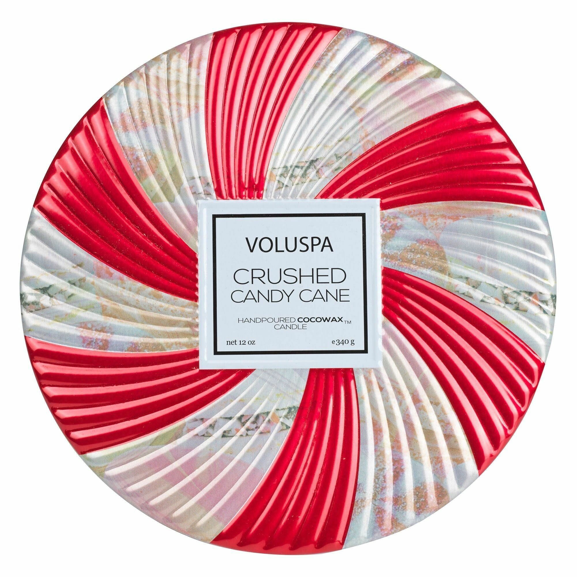 Свеча ароматическая VOLUSPA Crushed Candy Cane Мятная карамель, 340 гр, металлический подсвечник, горение 40 ч — фото 1