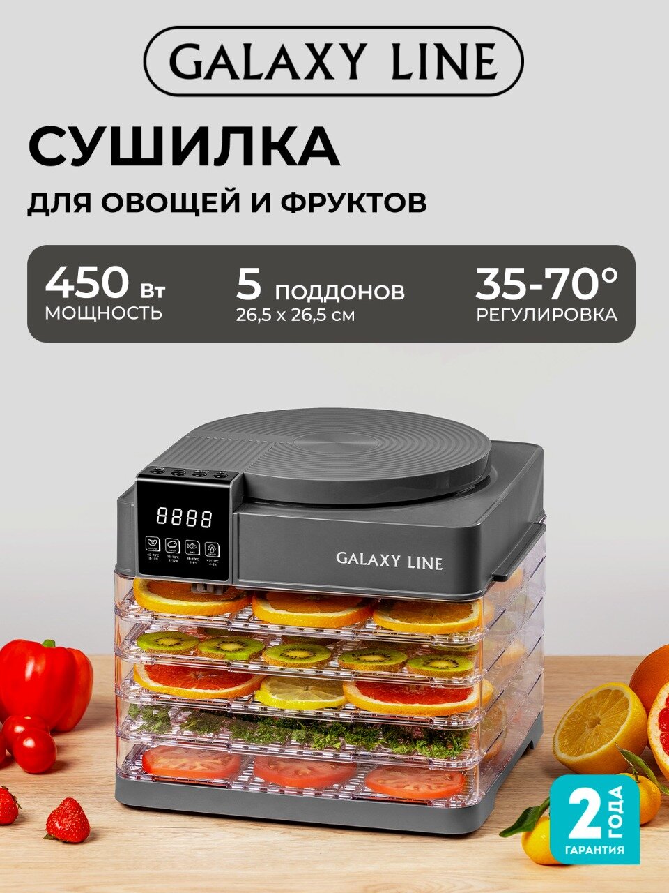 Электросушилка GALAXY LINE GL2630 конвективная 450Вт 5 поддонов серая