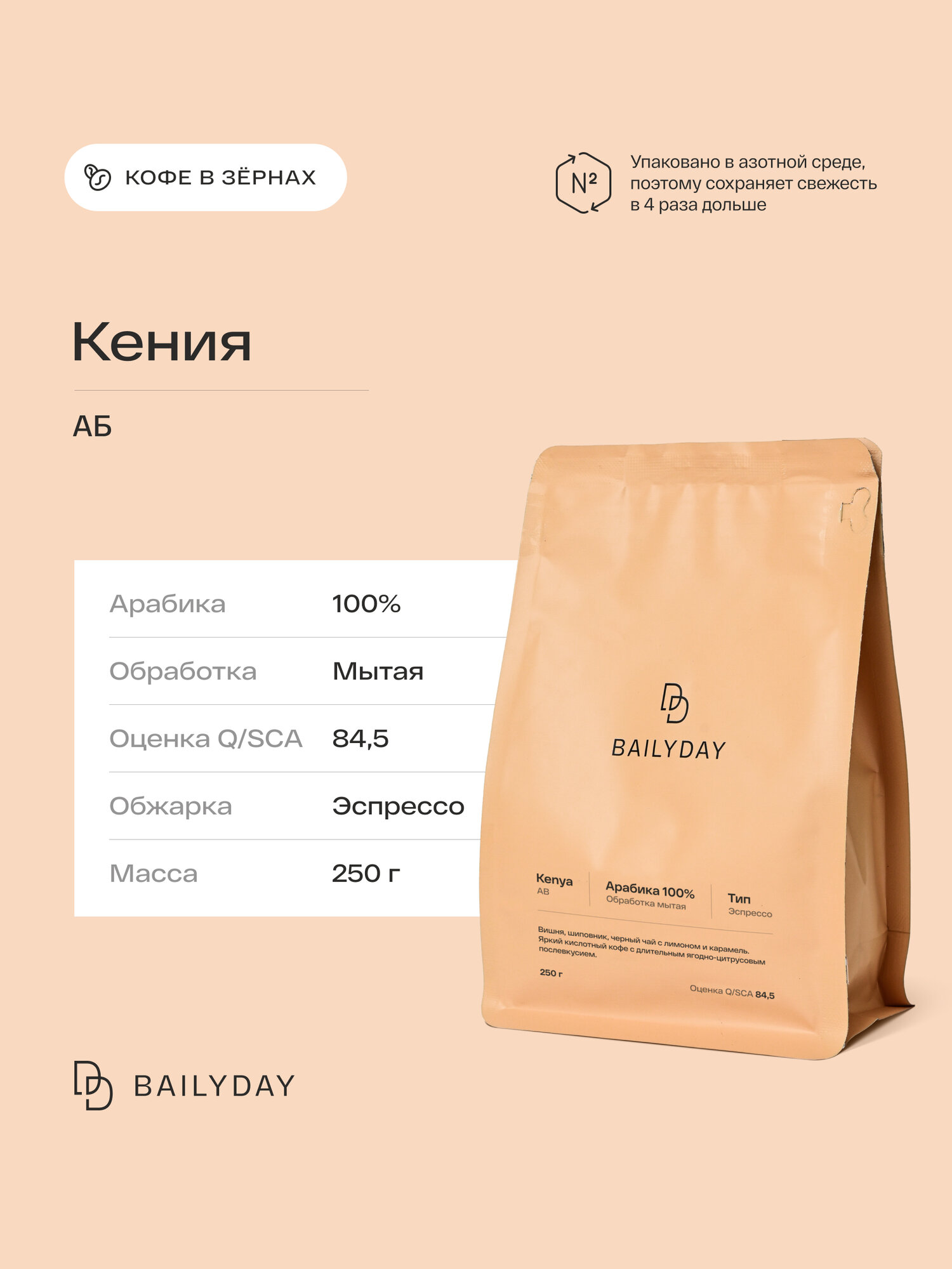 Кофе в зернах Кения АБ Bailyday, 100% арабика, обжарка под эспрессо, 250 г