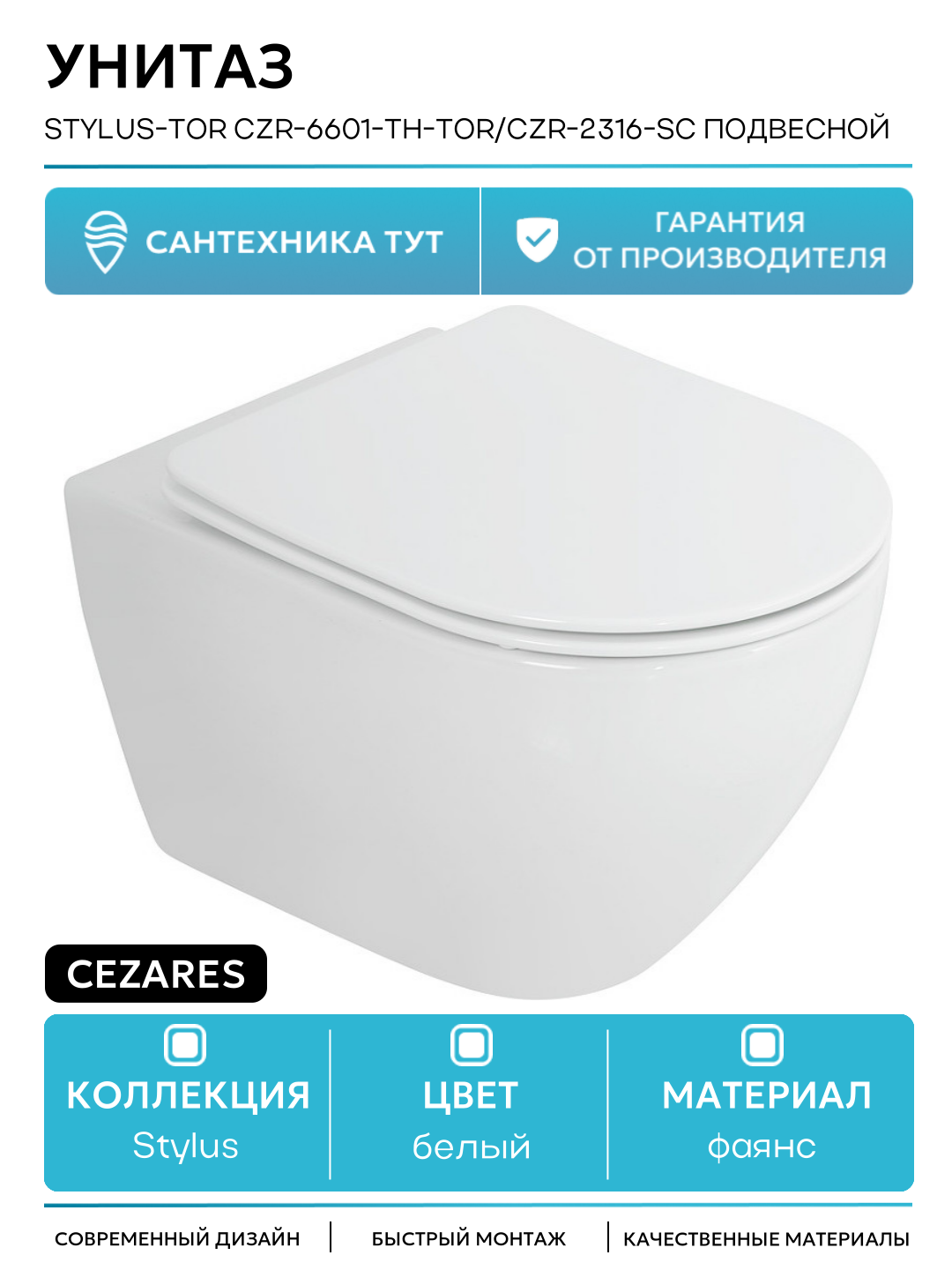 Унитаз Cezares Stylus-Tor CZR-6601-TH-TOR/CZR-2316-SC подвесной с сиденьем Микролифт белый фаянс подвесной