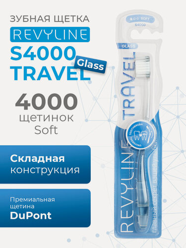 Изображение товара Зубная щетка Revyline S4000 Travel Glass складная голубая, мягкая щетина, дорожная, походная, взрослая, для брекетов
