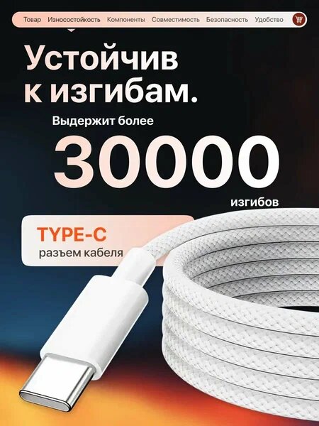 Провод Type-C - Type-C 60 W 1 метр Белый быстрая зарядка для iPhone 15,16, 17, Samsung, Xiaomi и других устройств — фото 1