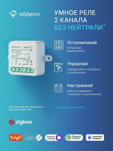 Изображение товара Модуль реле HOMMYN zigbee 2 канала (без нейтрали) RLZBNN02