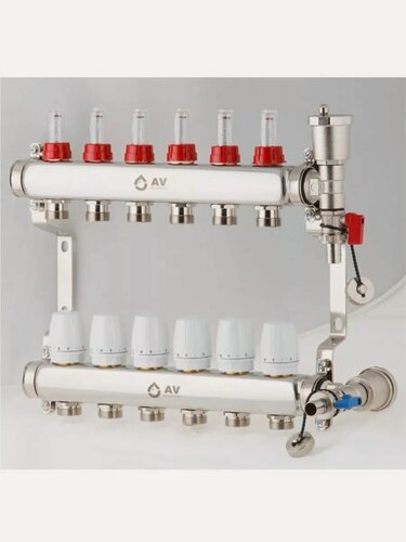 Изображение товара Комплект коллекторов AV Engineering для теплого пола и водоснабжения на 6 контуров с расходомерами(AVE13600106)
