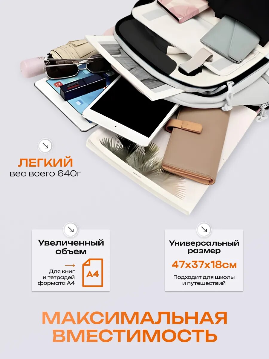Рюкзак школьный для девочки подростка портфель черный белый в школу городской с кошельком — фото 1