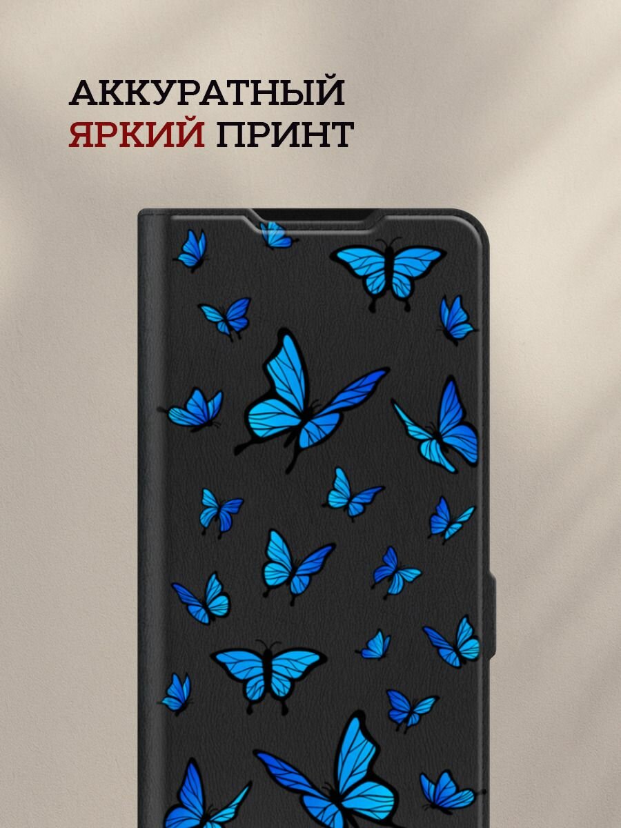 Чехол-книжка на Infinix Hot 60 Pro Plus / Инфиникс Хот 60 Про Плюс с рисунком Синие бабочки, черный — фото 1