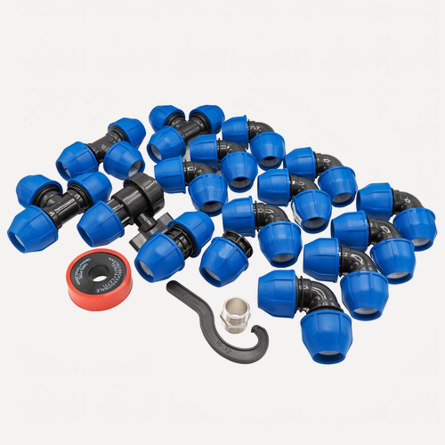 Изображение товара Набор ПНД фитингов 32 мм с краном. В комплекте 19 элементов.