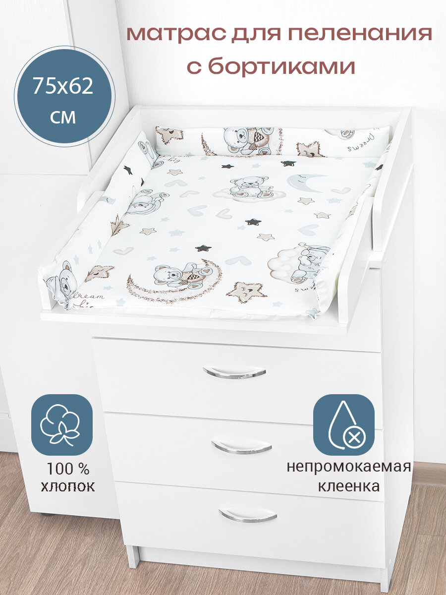 Матрас пеленальный для комода BO-NY, с бортиками, 2-х сторонний, непромокаемый, мишка на луне, 75х62 см