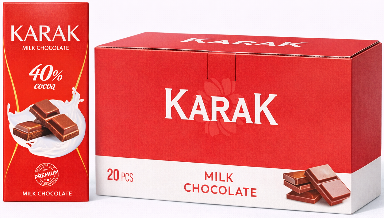 20 штук Шоколадная плитка KARAK Chocolate Red Edition, 76 г, 16.5 × 7.5 см, в коробке, производитель Ne’mat