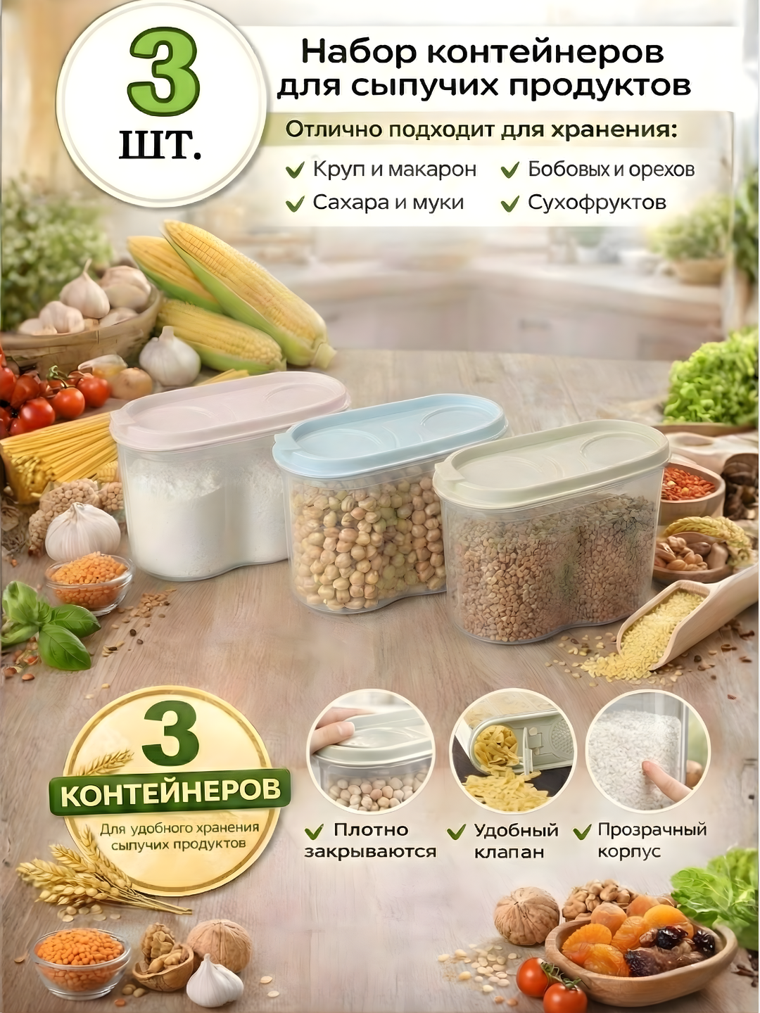 Контейнер, емкость для хранения сыпучих продуктов, набор пластиковых контейнеров