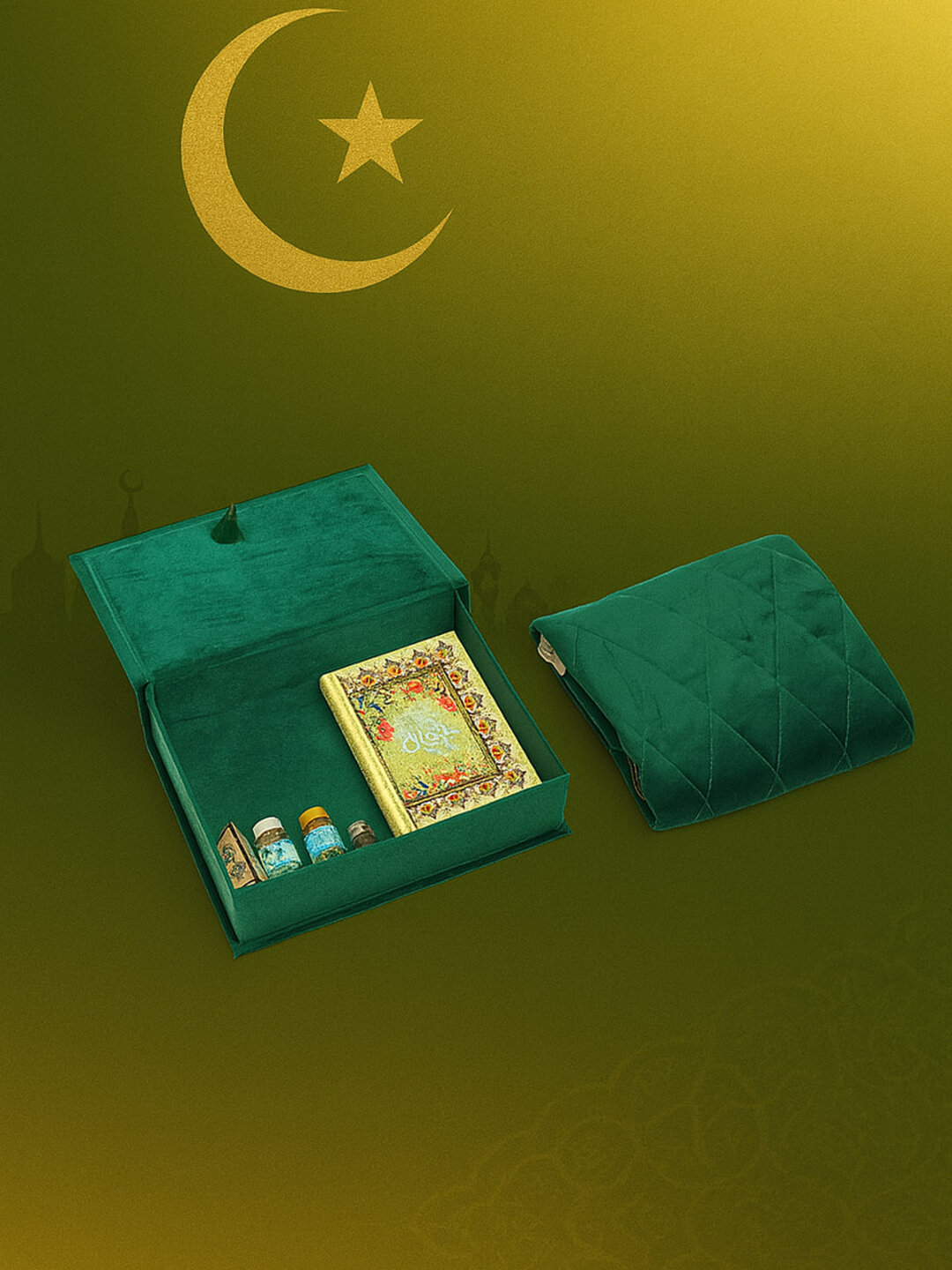 Набор молитвенный для намаза, книга, коврик, четки, мисвак, мушк, в подарочной упаковке - Зеленый
