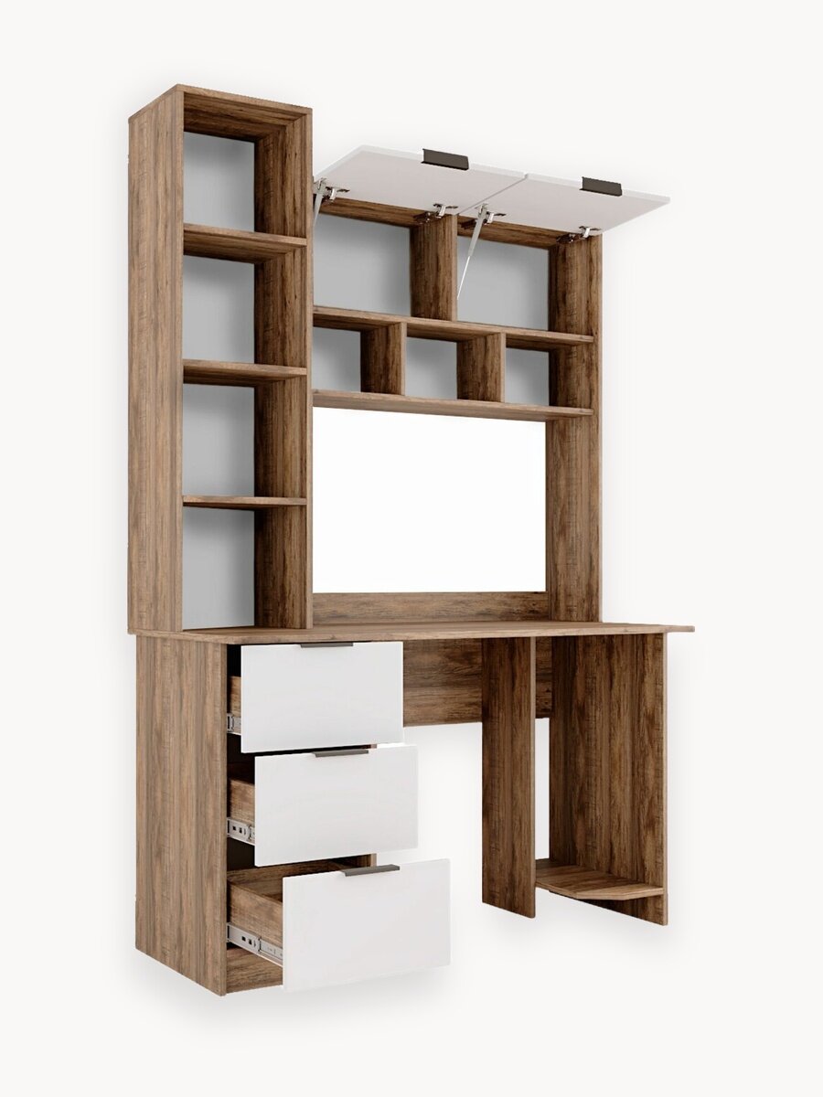 Стол компьютерный письменный с полками и ящиками Дуб самдал/ Белый 1250Х1968Х600 мм