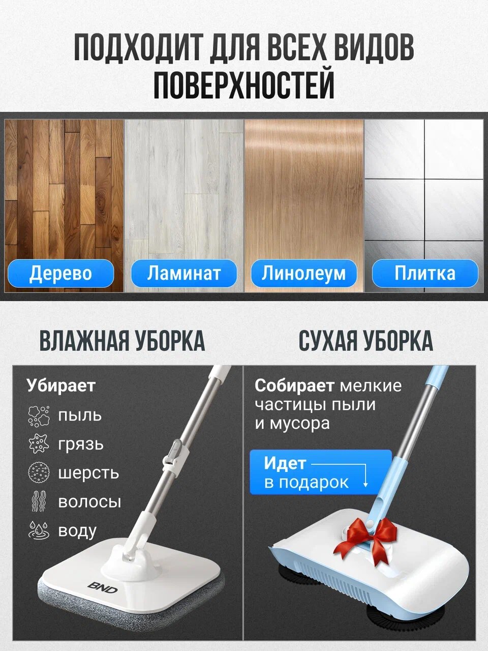 Умная швабра BND S02 с самоочисткой и отжимом. Механический веник в подарок! 5 насадок из фибры, ведро на 2,5 л, регулируемая ручка 102-130 см. — фото 1