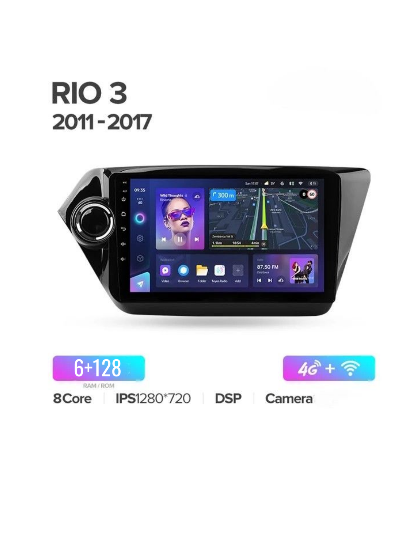 Штатная магнитола Kia Rio 3 2011-2017,2DIN, 9", с GPS/CarPlay/9 дюймов/8 ядер/4+64Gb/рамка и камера в подарок