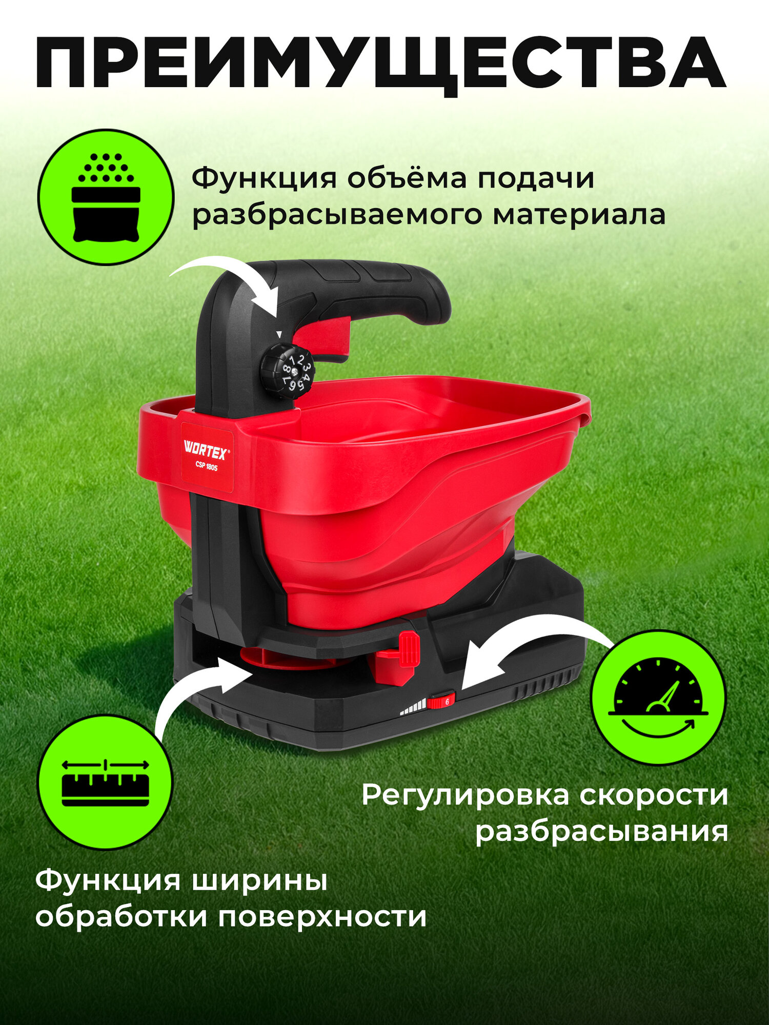 Разбрасыватель сеялка аккумуляторный WORTEX CSP 1805 ALL1 с АКБ и ЗУ 1334495 для удобрений — фото 1
