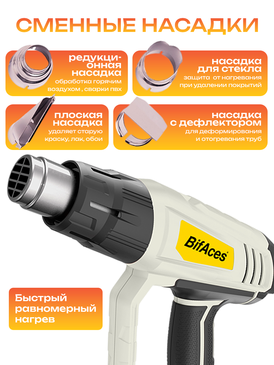 Фен строительный технический Bifaces, 2000 Вт, 4 насадки, 3 температурных режима, защита от перегрева — фото 1