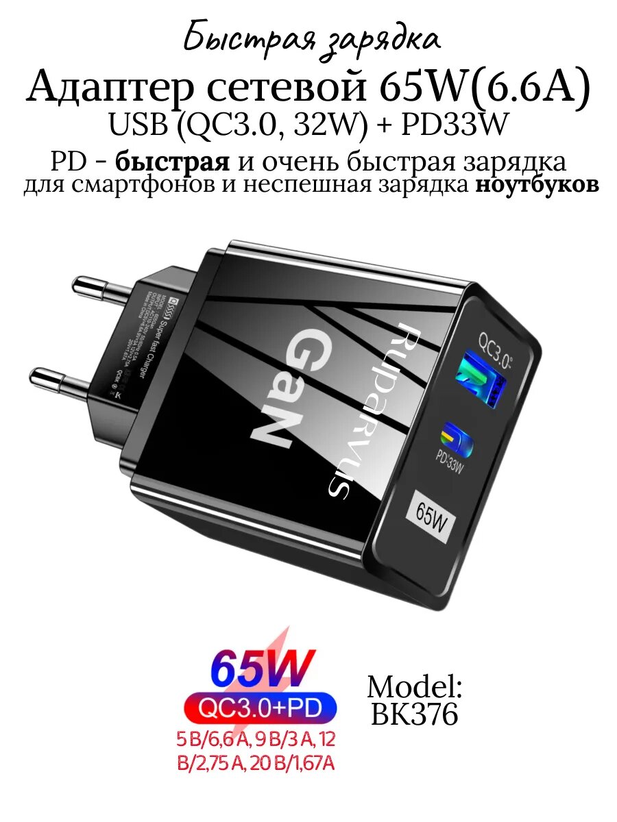 Зарядное устройство сетевое 65W GaN 6.6А BK376 QC3.0+PD