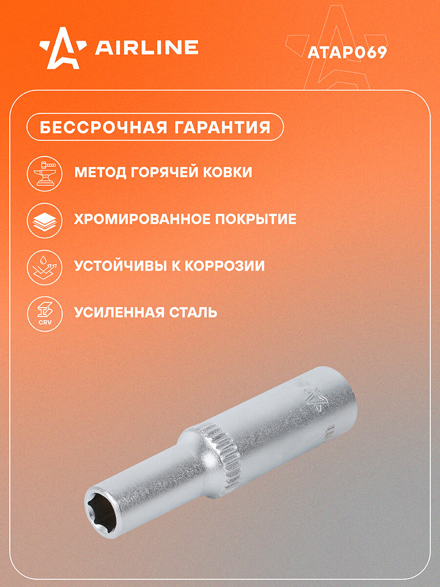 Головка торцевая 1/4" шестигранная 5.5мм глубокая, пласт. подвес ATAP069 AIRLINE — фото 1
