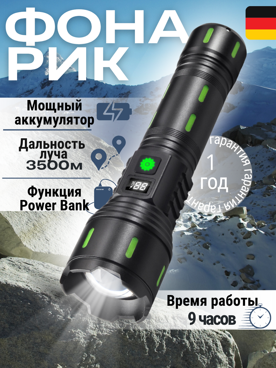 Фонарик аккумуляторный ручной MolShop. Фонарь ручной ударопрочный