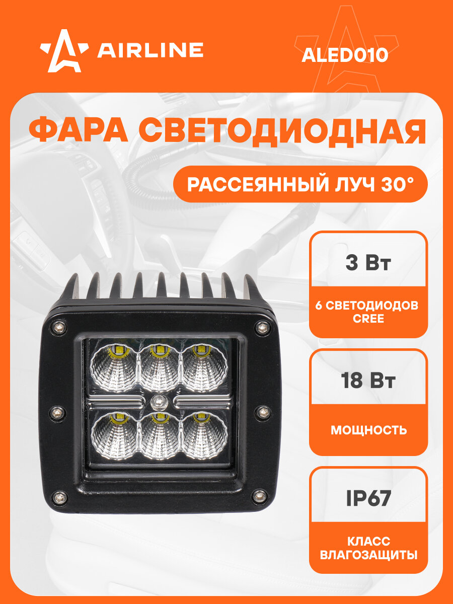 Фара светодиодная квадратная, 6LED, рассеяный свет, 18Вт, 82х75х75мм, 12/24В, PLUS ALED010 AIRLINE