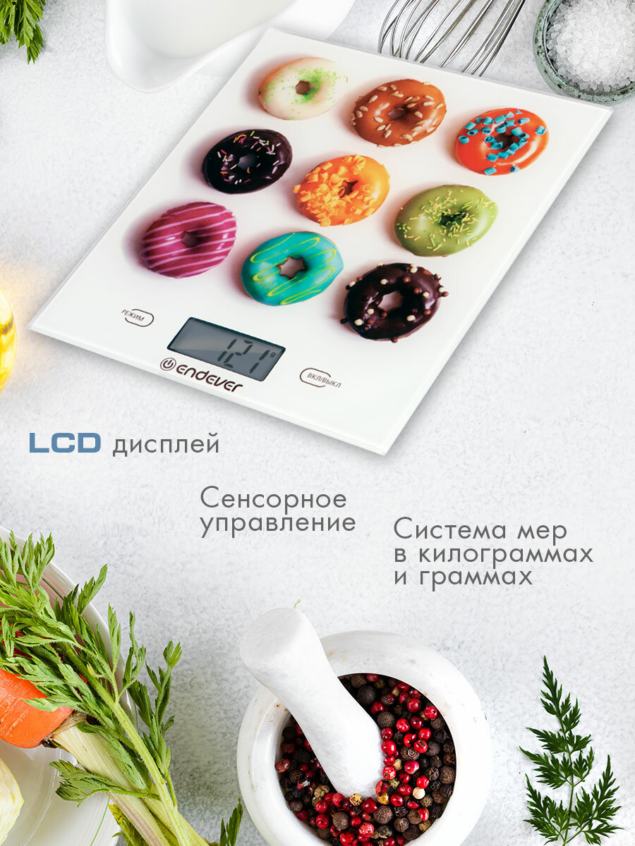 Весы кухонные электронные Endever KS-521 / рисунок Пончики / от 1г до 5кг — фото 1