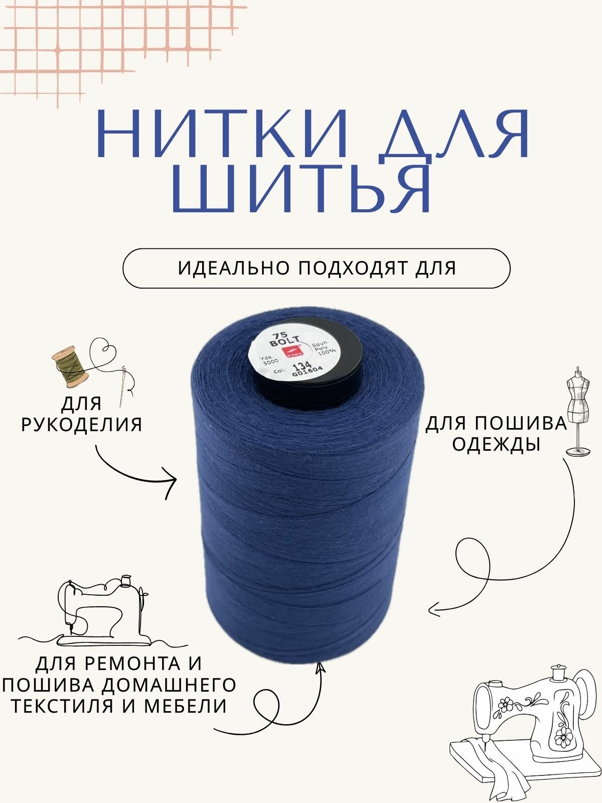 Нитки для шитья 40/3, 5000 ярдов, синие — фото 1