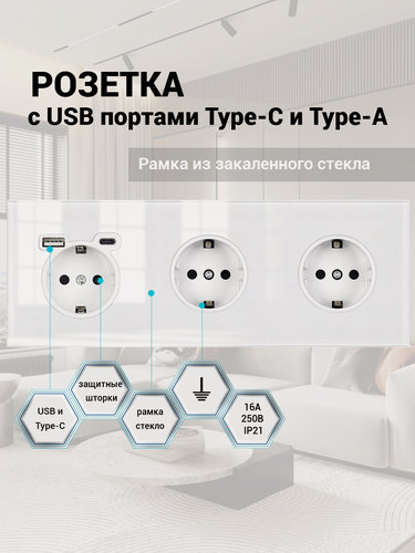 Изображение товара Розетка тройная с USB и type-C входами, 3 поста рамка закаленное стекло 224mm*82mm, цвет белый. F8
