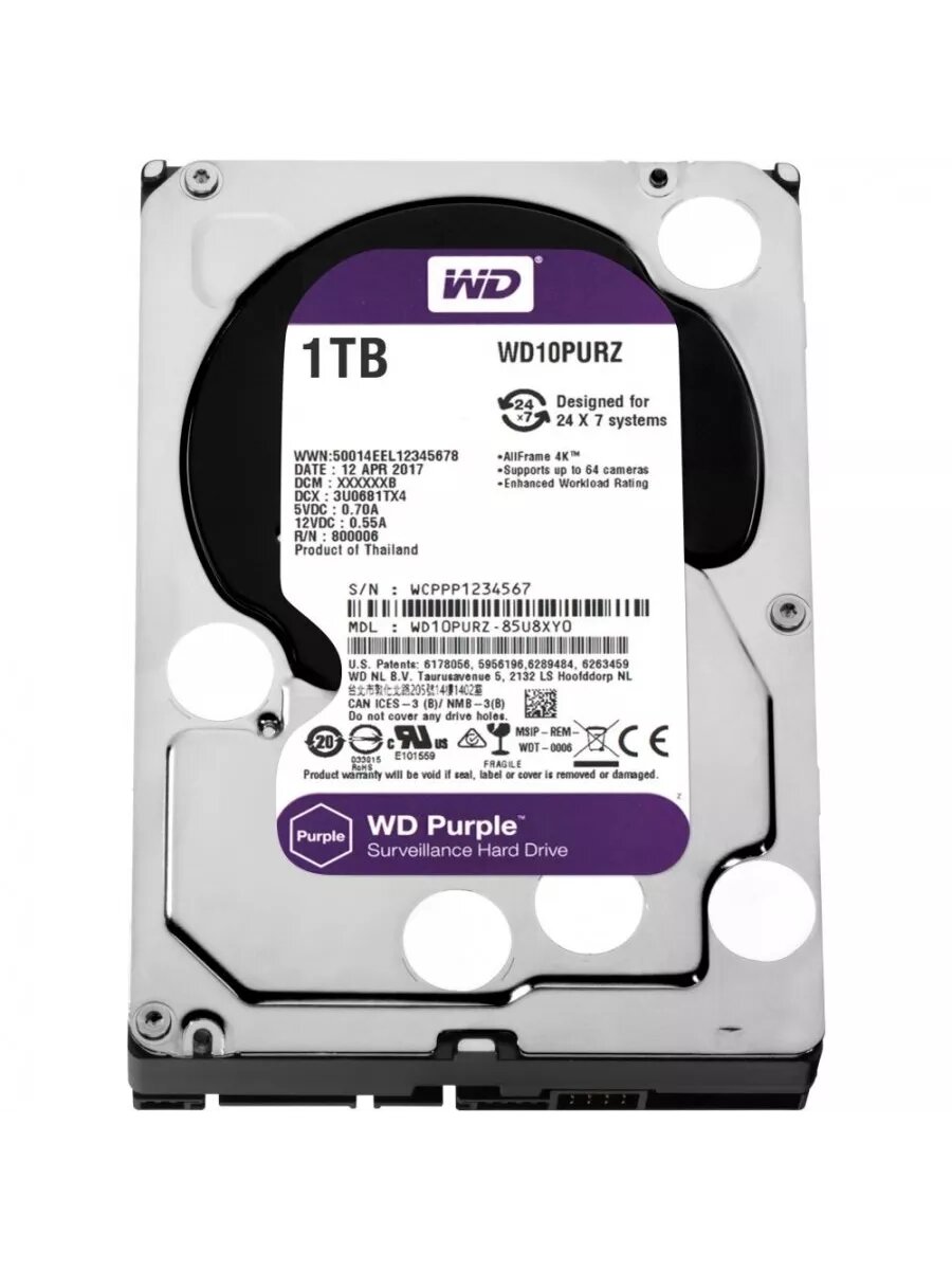 Жесткий диск WD SATA-III 1Tb WD10PURZ Surveillance Purple (5400rpm) 64Mb 3.5"
