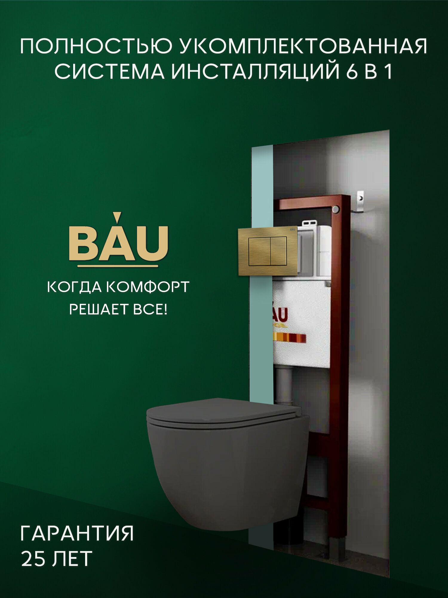 Инсталляция с унитазом комплект BAUEDGE : унитаз Dream, сиденье, темно-серый матовый, клавиша Stil, бронза