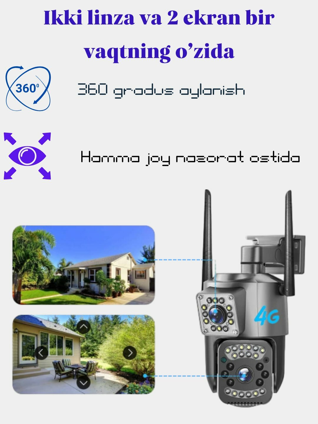 Камера видеонаблюдения уличная с SIM-картой 4G, 2 объектива, камера безопасности, PTZ-камера, V380 PRO — фото 1