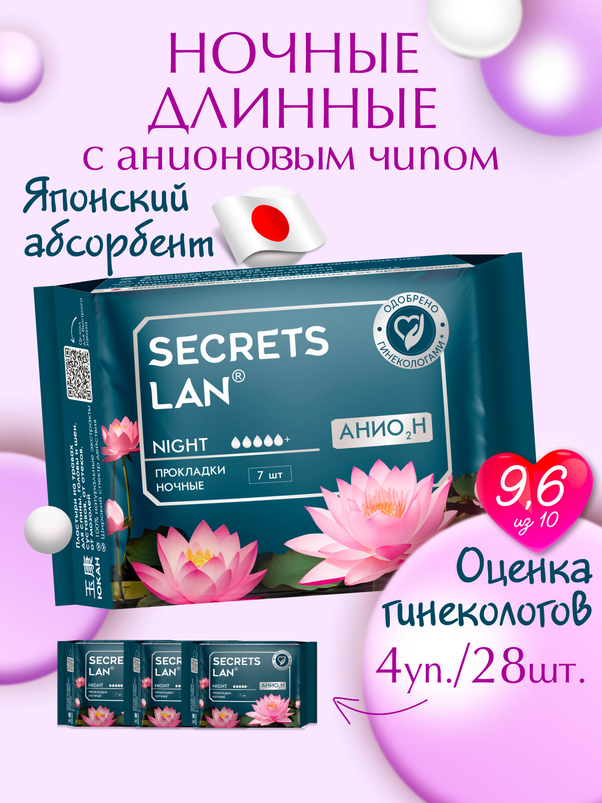 Прокладки ночные 28 шт Secrets Lan анионовые в индивидуальной упаковке