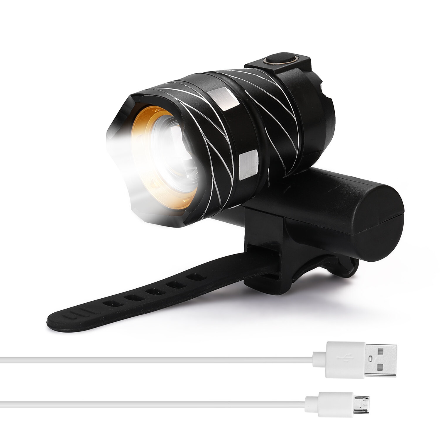 LED USB Зарядное Внешнее Увеличивающееся Светодиодное Светло Для Велосипеда T6, Фронтальная Лампа Велосипеда, Фонарь, Фара, 15000LM, Черный, Золотой, 3.7V, 1800mAh, Алюминиевый сплав+ABS, Дальность 300-400м, Размер 75*65*43мм, Пакет 88*88*88мм, Вес 195г,