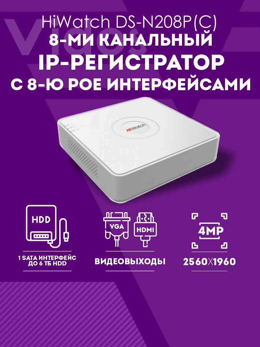 IP Видеорегистратор DS-N208P(C) 8-канальный для видеонаблюдения