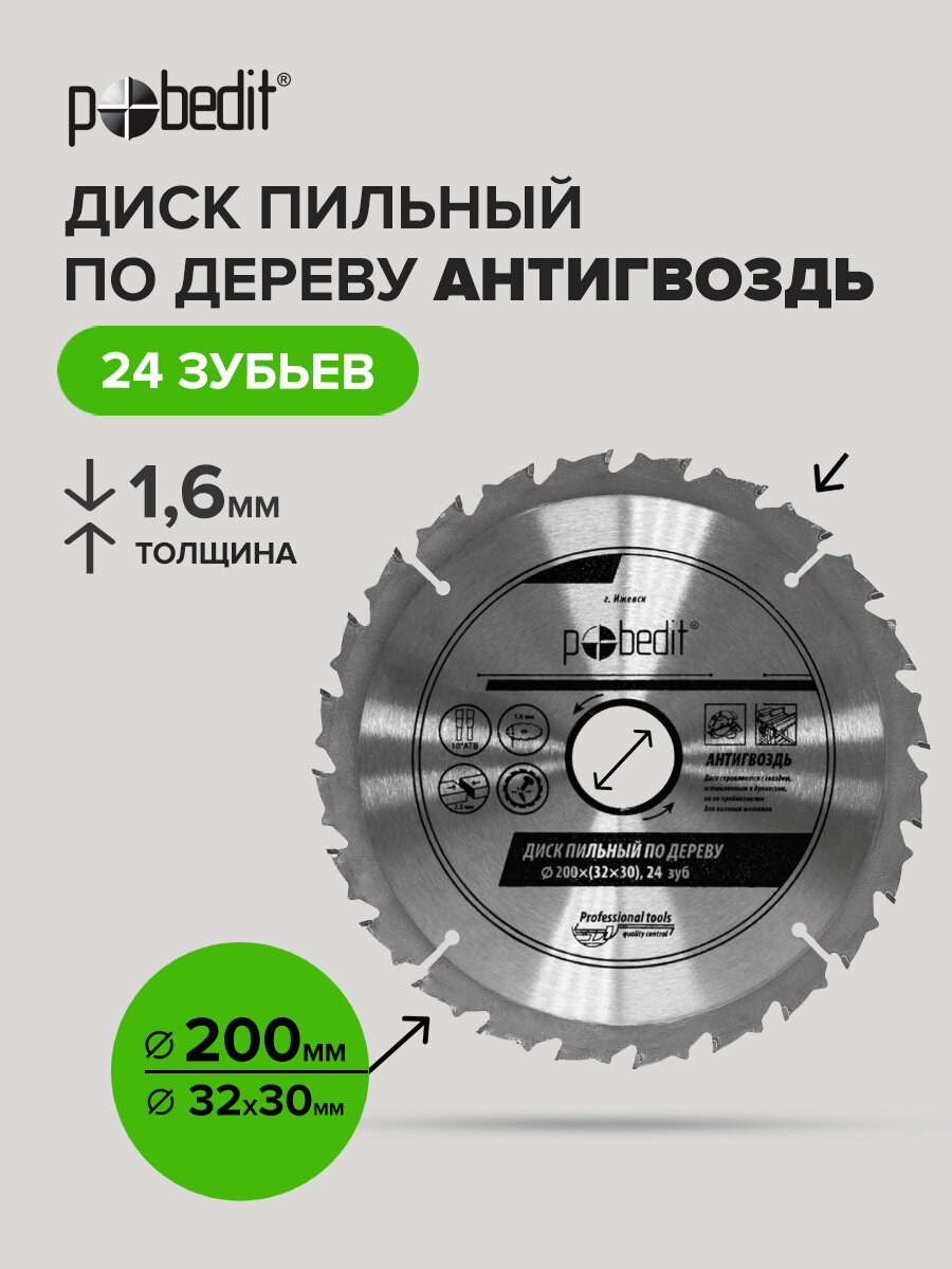 Диск пильный по дереву Антигвоздь 200 мм 24 зубьев Pobedit