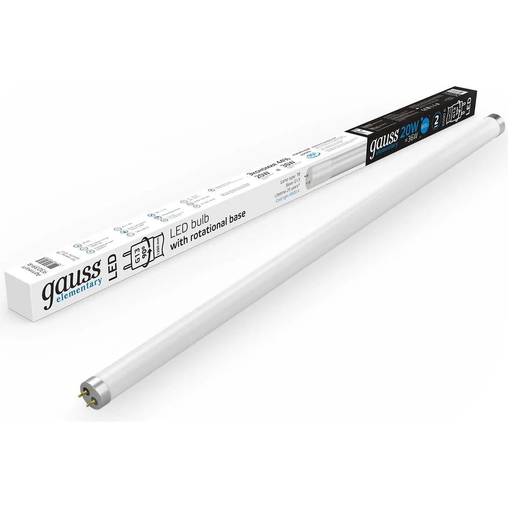 Gauss Лампа Elementary T8 20W 1600lm 6500K G13 1200mm стекло поворотная LED 1/30 93039-R
