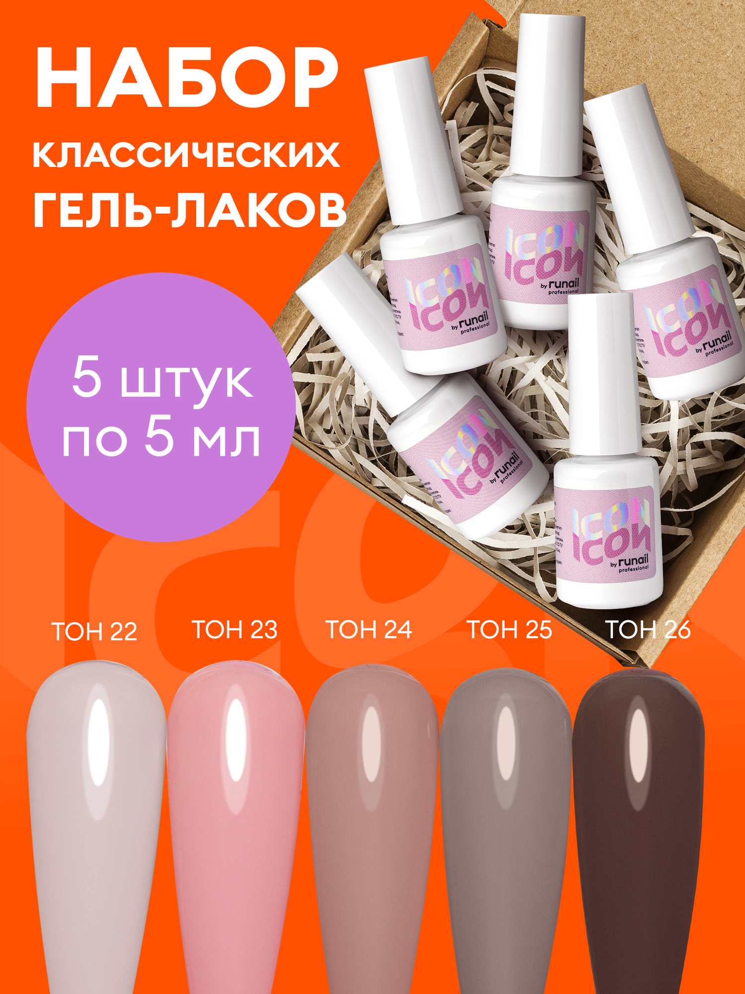 Набор гель-лаков ICON runail Professional, нюдовые оттенки, 5 шт. по 5 мл